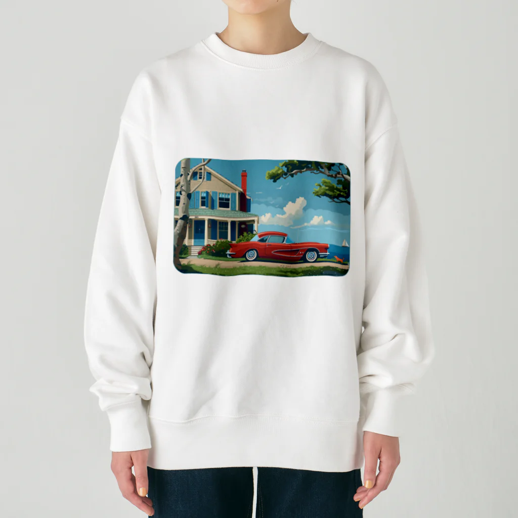 MistyStarkの赤いコルベットと海辺の家　－　red corvette and seaside house　－ Heavyweight Crew Neck Sweatshirt