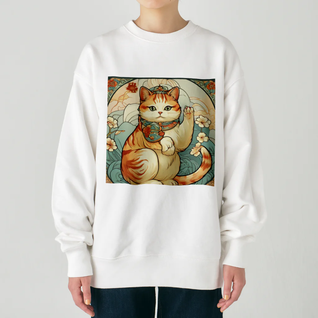 ゆまちゃんの開運雑貨屋さんのお客様を招く左手招き猫ミュシャ風 Heavyweight Crew Neck Sweatshirt