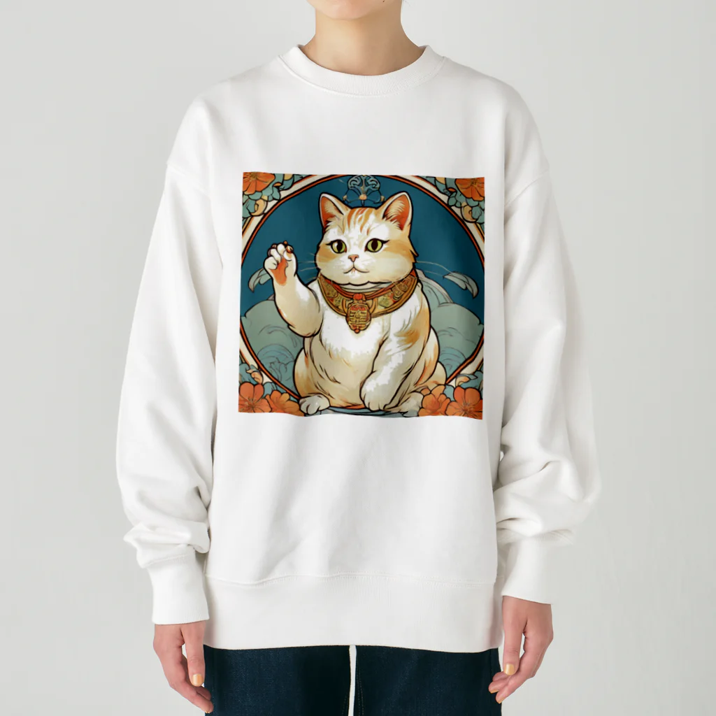 ゆまちゃんの開運雑貨屋さんの夜のミュシャ風招き猫 Heavyweight Crew Neck Sweatshirt