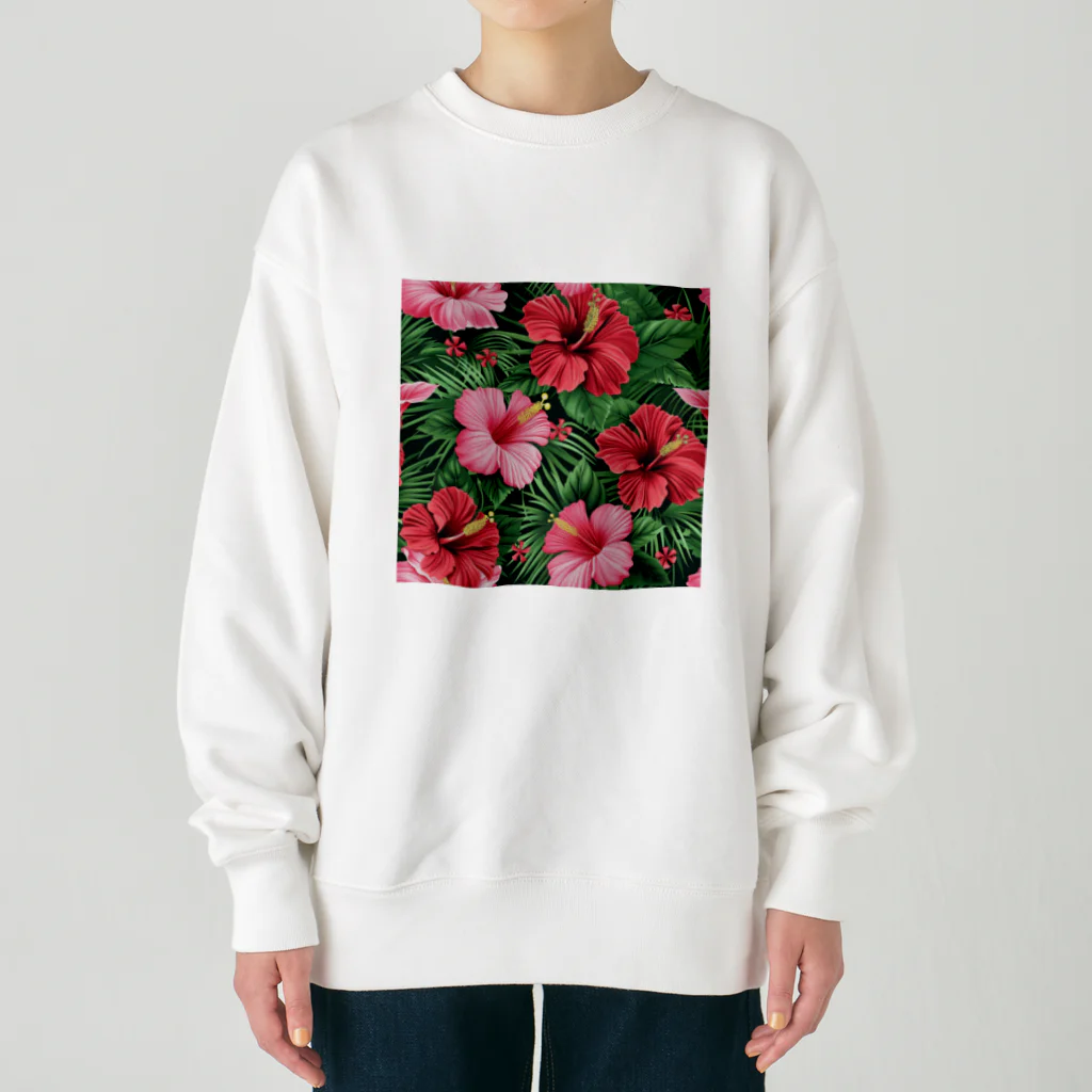 オンラインショップイエローリーフの赤色の花ハイビスカス Heavyweight Crew Neck Sweatshirt