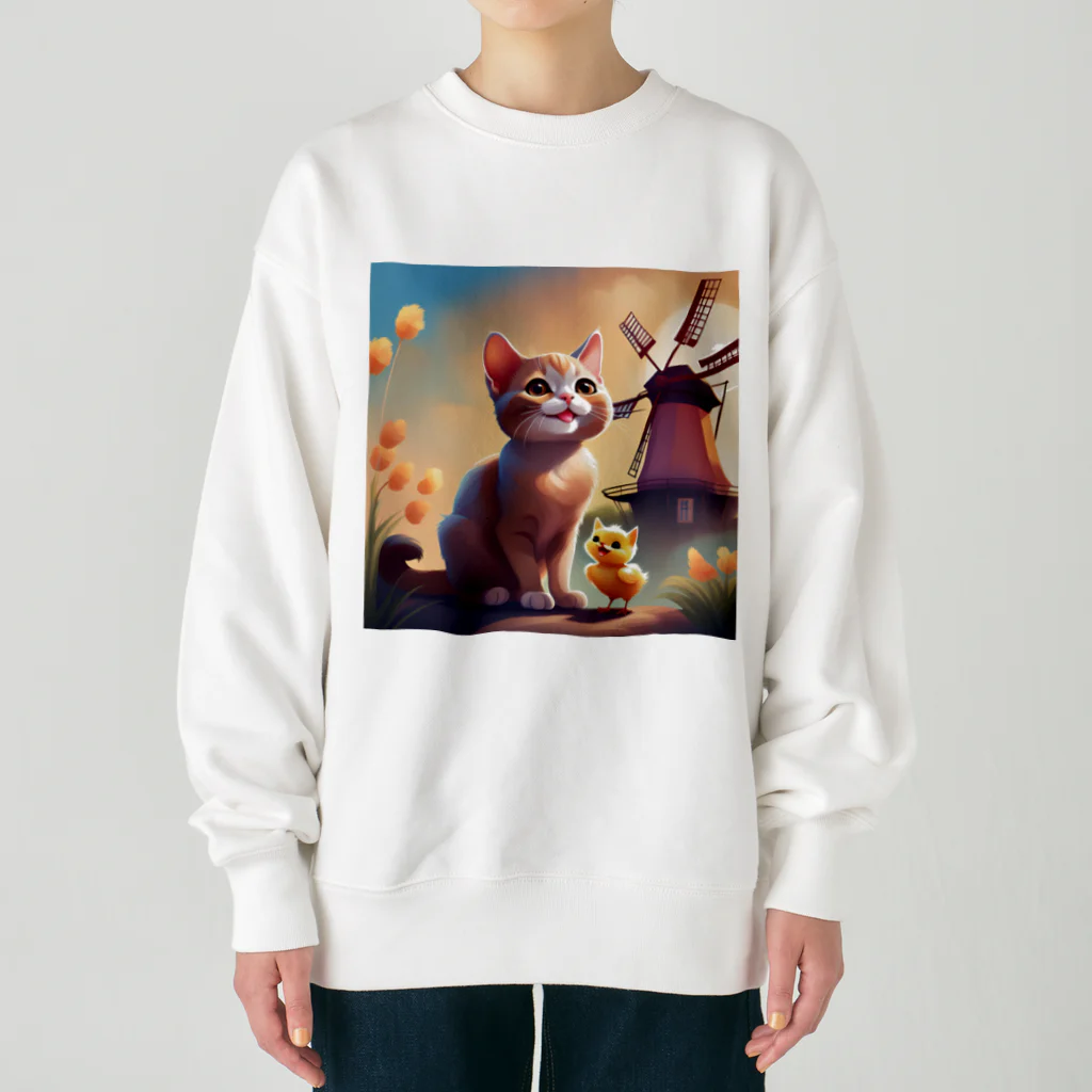 HanaCatStudioのかわいい猫とひよこさん！？はお友達 Heavyweight Crew Neck Sweatshirt