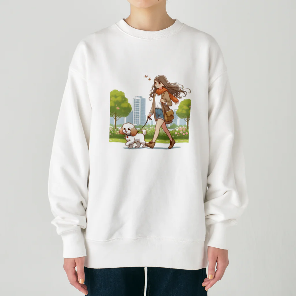 南国のかわいい犬と散歩をする女性 Heavyweight Crew Neck Sweatshirt