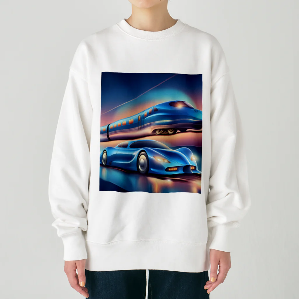 ro kuの青い車と新幹線 Heavyweight Crew Neck Sweatshirt