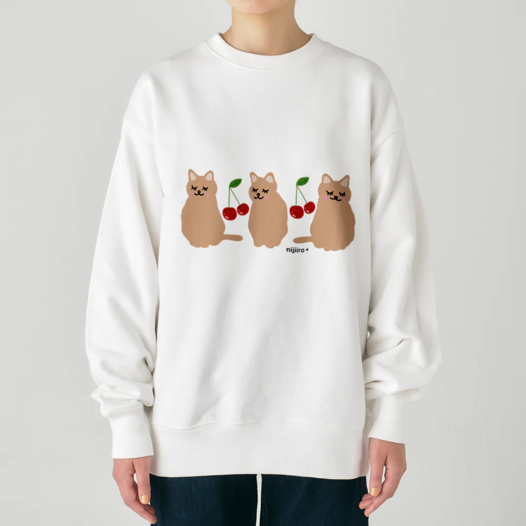 虹色PLUSのおすましキュートな猫ちゃんとサクランボ ブラウンラー Heavyweight Crew Neck Sweatshirt