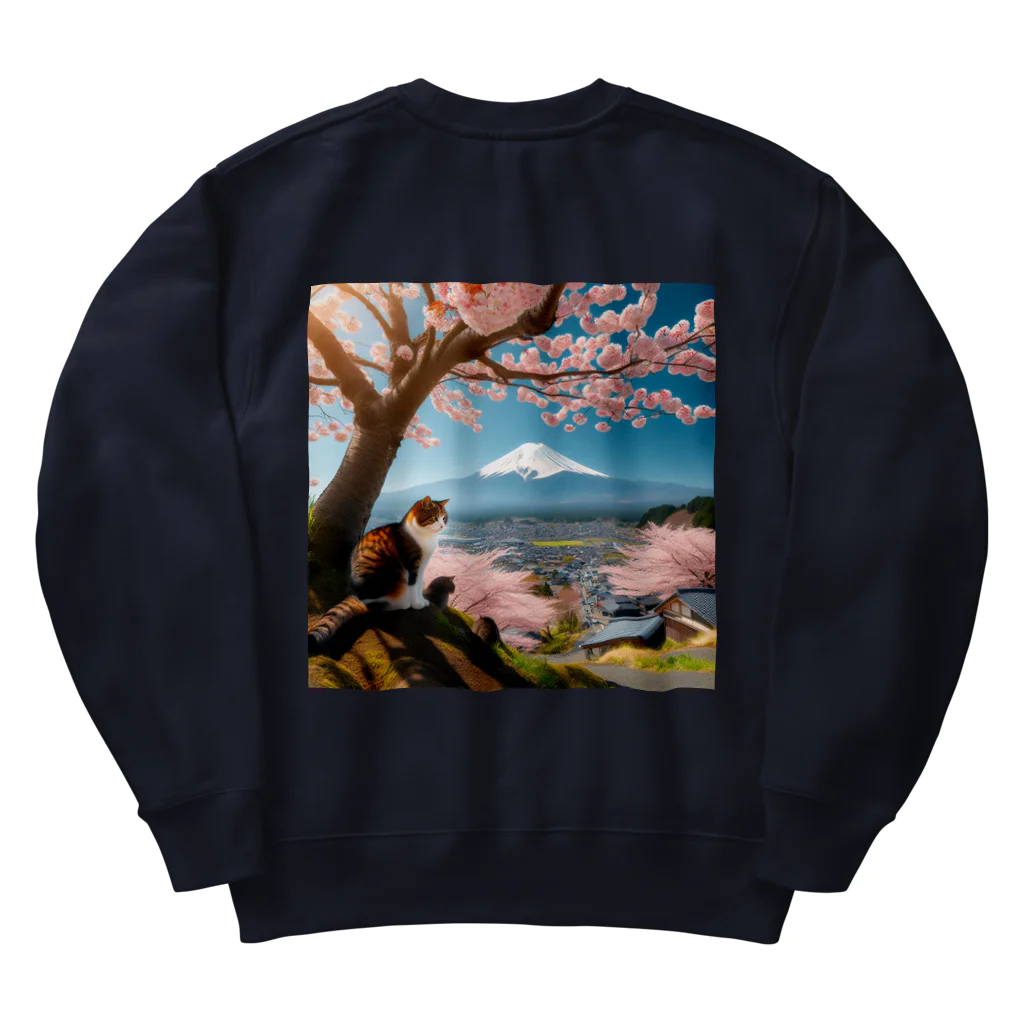 猫好き Japanの富士山と猫 Heavyweight Crew Neck Sweatshirt