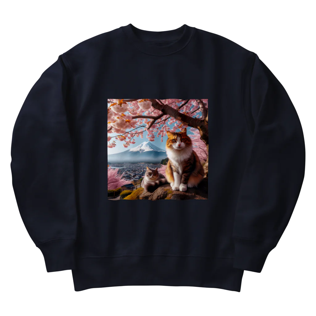 猫好き Japanの富士山と猫 Heavyweight Crew Neck Sweatshirt