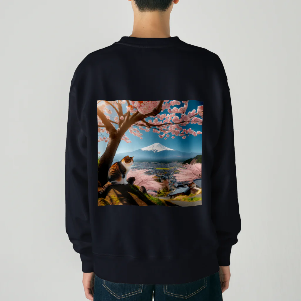 猫好き Japanの富士山と猫 Heavyweight Crew Neck Sweatshirt