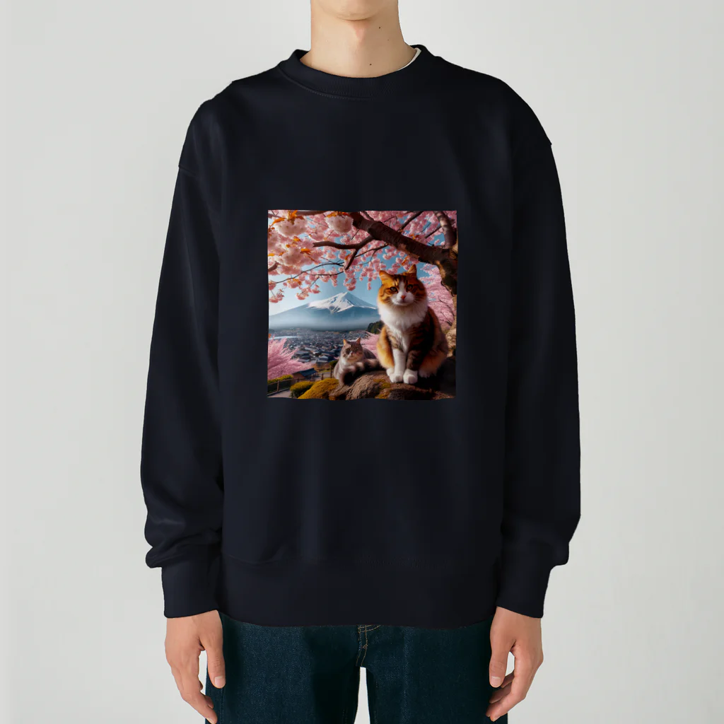 猫好き Japanの富士山と猫 Heavyweight Crew Neck Sweatshirt