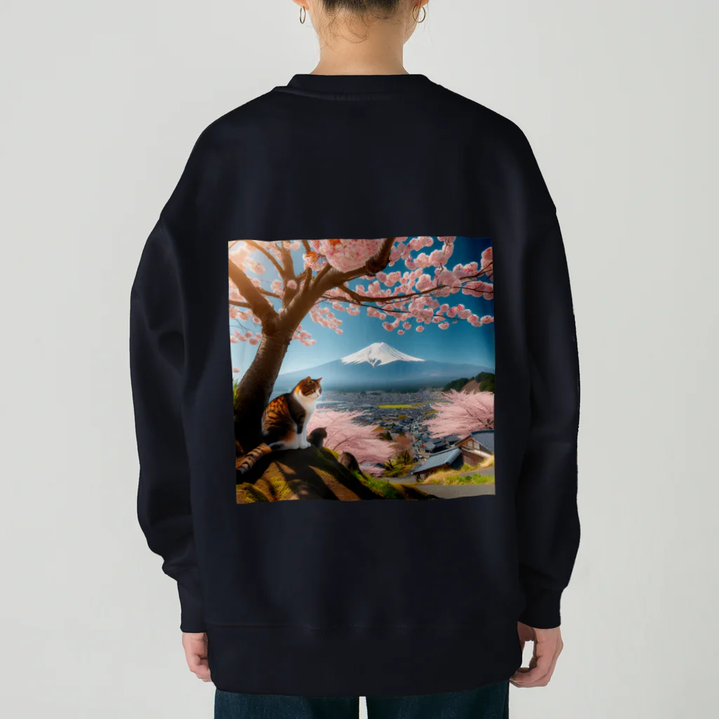 猫好き Japanの富士山と猫 Heavyweight Crew Neck Sweatshirt