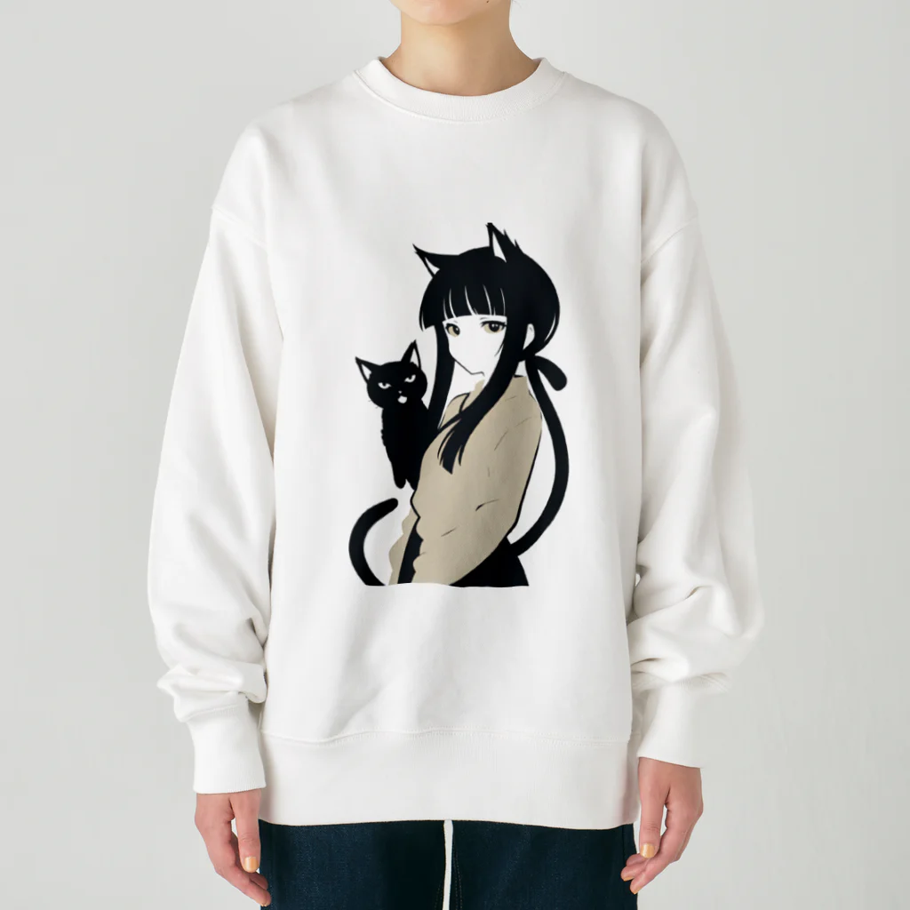 ChamarelliArtの黒猫の少女 Heavyweight Crew Neck Sweatshirt