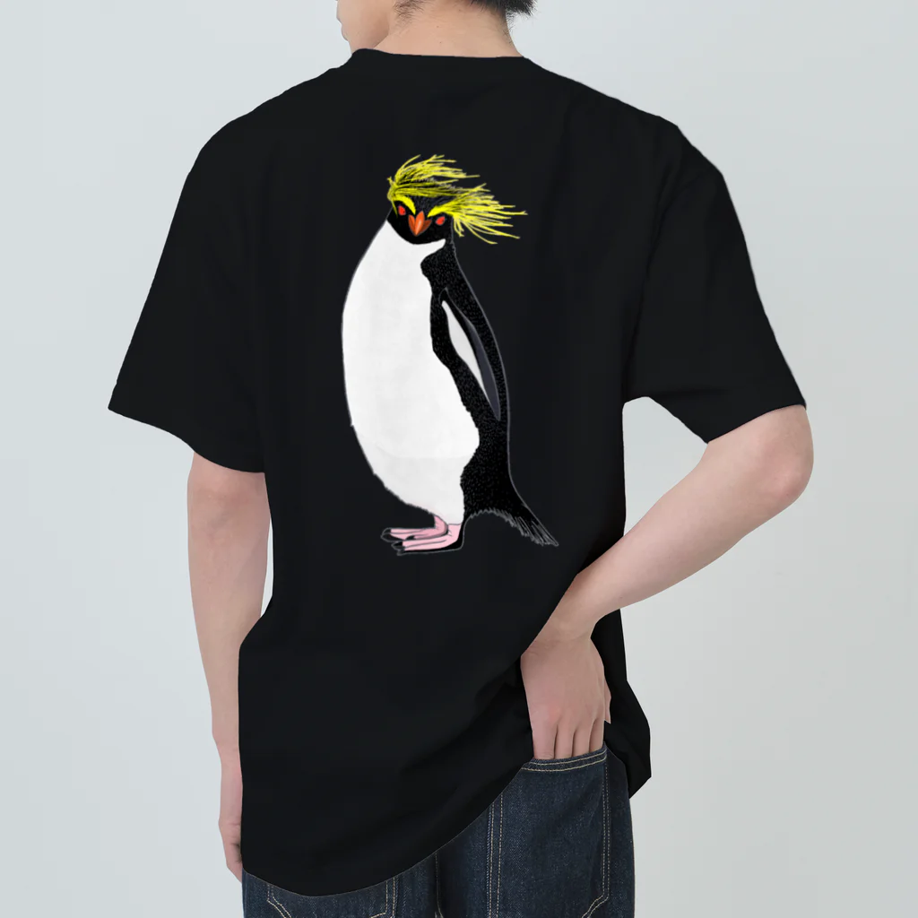 LalaHangeulの風に吹かれるイワトビペンギンさん(文字無しバージョン) バックプリント ヘビーウェイトTシャツ
