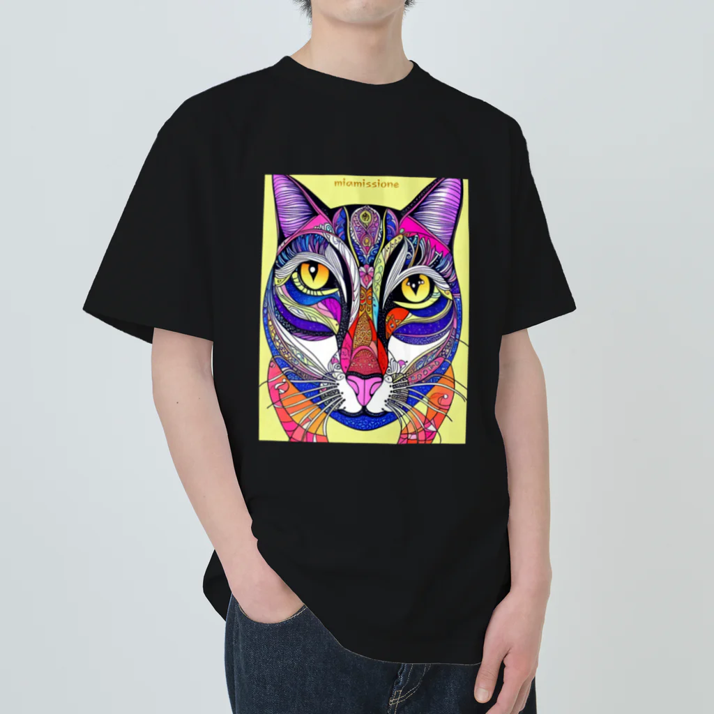 miamissioneのカラフルでエスニックテイストでポップな猫－Colorful, ethnic flavored, pop cat. ヘビーウェイトTシャツ