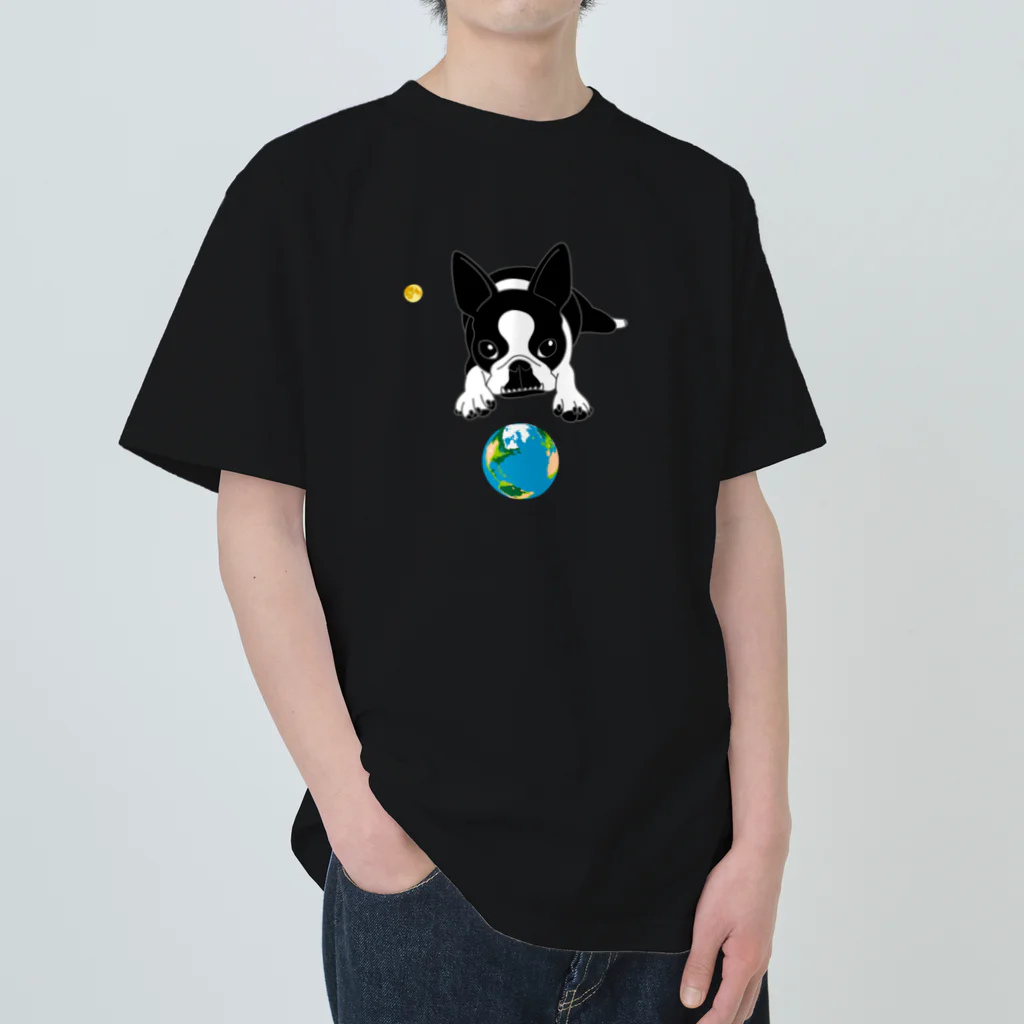 コチ(ボストンテリア)のボストンテリア(地球と月)[v2.8k] ヘビーウェイトTシャツ