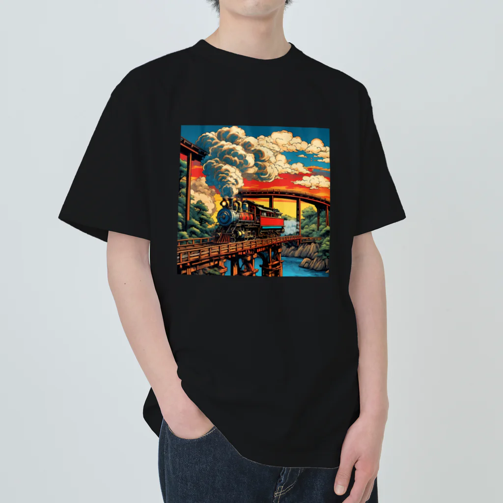 日本の風景 COOL JAPANの日本の風景:SL 蒸気機関車、Japanese senery:SL Steam locomotive ヘビーウェイトTシャツ