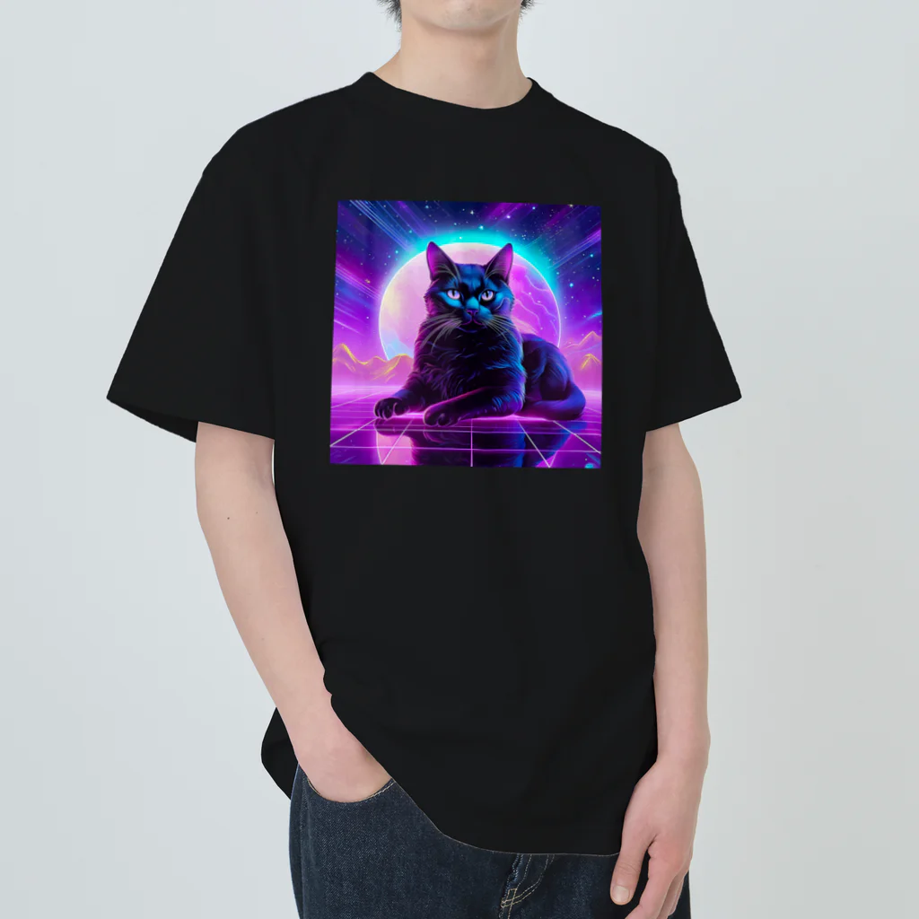 黒猫ファブリックのBlack Cat in The VaporWave World.(蒸気波世界のクロネコ) ヘビーウェイトTシャツ