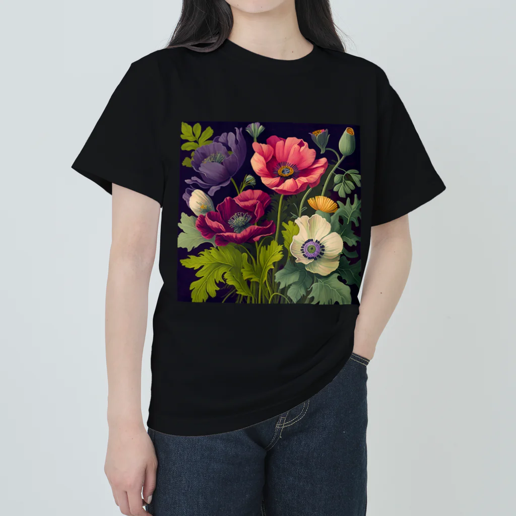 botanicalartAIのアネモネのボカニカルアートイラスト ヘビーウェイトTシャツ