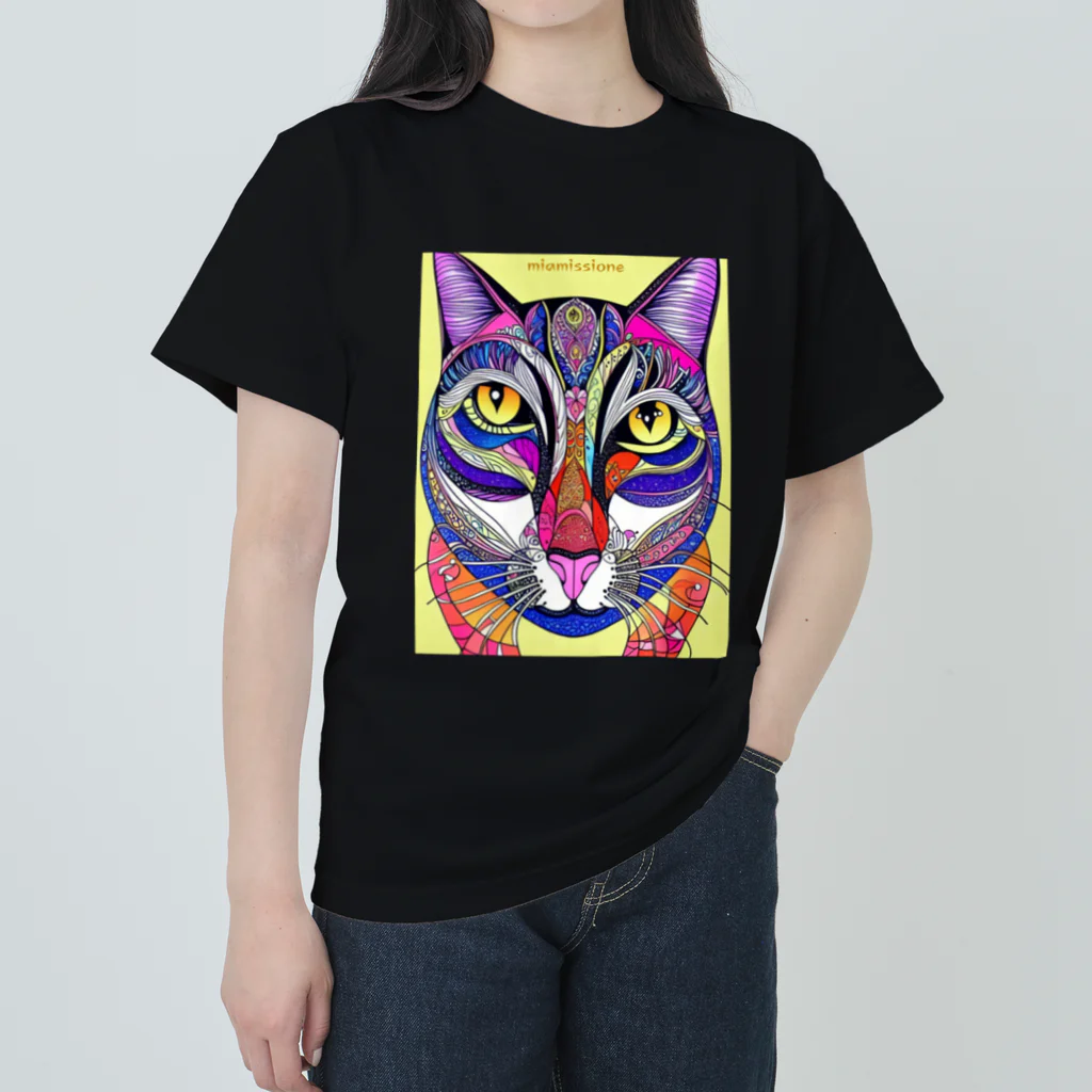 miamissioneのカラフルでエスニックテイストでポップな猫－Colorful, ethnic flavored, pop cat. ヘビーウェイトTシャツ