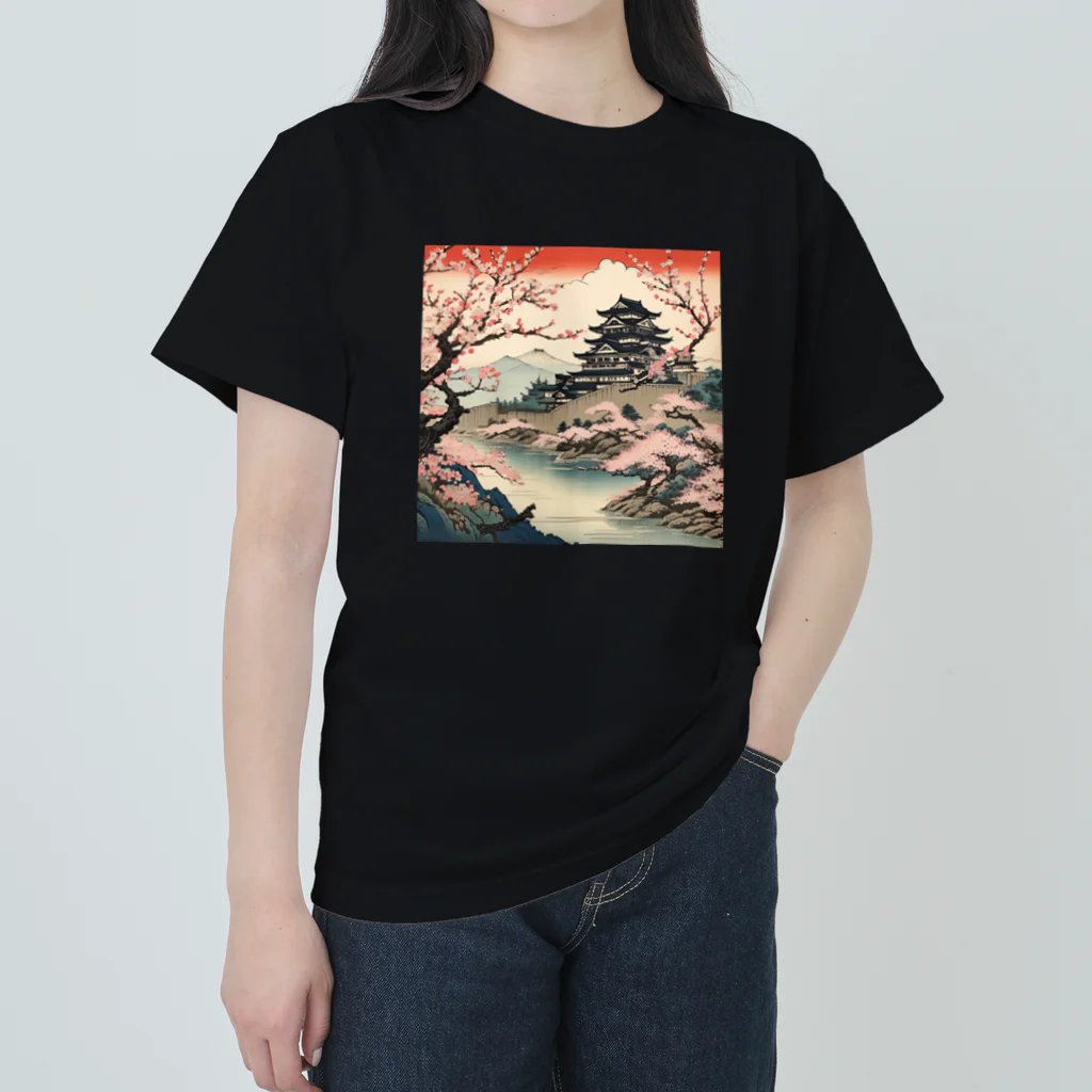 日本の風景 COOL JAPANの日本の風景、桜咲くお城　 Heavyweight T-Shirt