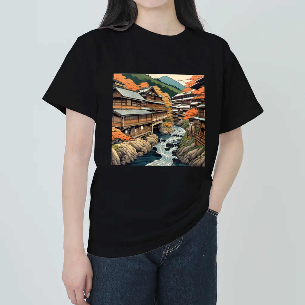 日本の風景 COOL JAPANの日本の風景、温泉街　Japanese hot spring town ヘビーウェイトTシャツ