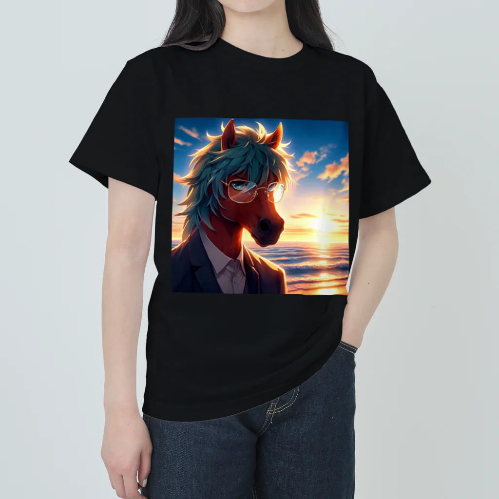 ひよっこなボスの弁護士の馬、夕焼けの浜辺で自撮りする ヘビーウェイトTシャツ