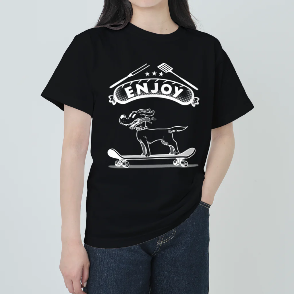 nidan-illustrationのhappy dog -ENJOY- (wite ink) ヘビーウェイトTシャツ