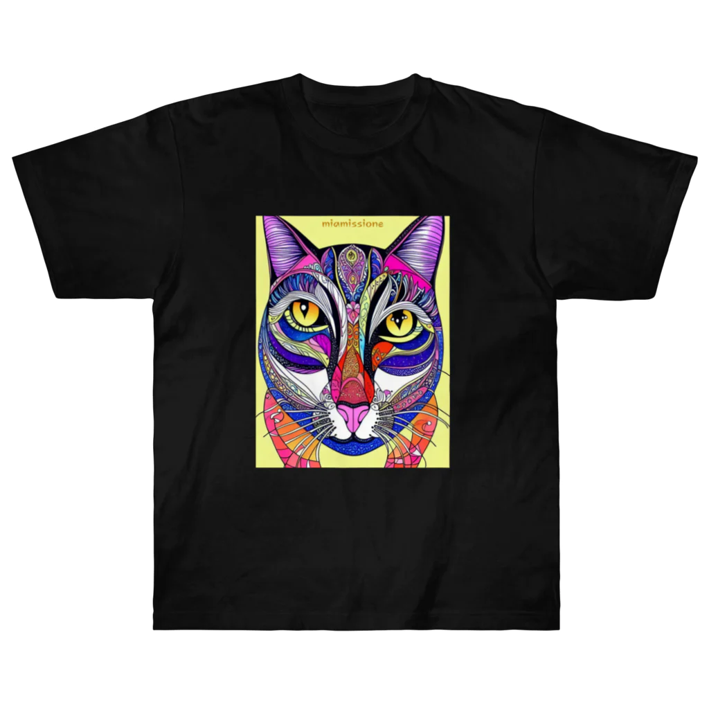 miamissioneのカラフルでエスニックテイストでポップな猫－Colorful, ethnic flavored, pop cat. ヘビーウェイトTシャツ