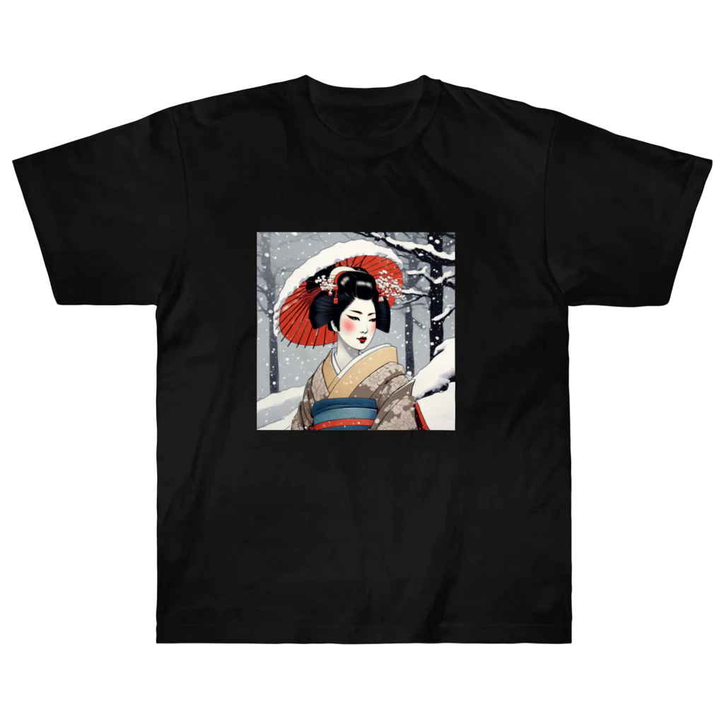 日本の風景 COOL JAPANの日本の風景:雪の降る中の舞妓さん、Jpanese senery:MAIKO in snow ヘビーウェイトTシャツ