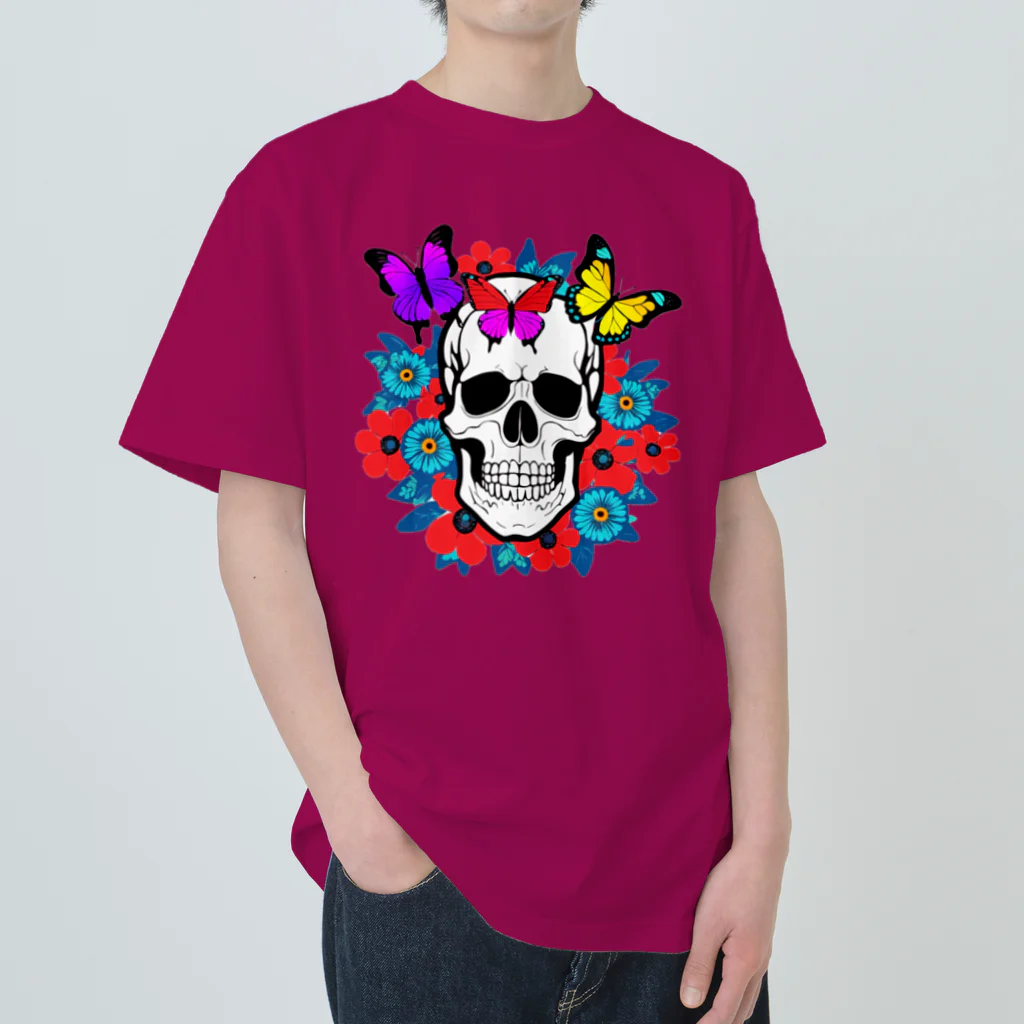 浪漫千代（ロマチョんの店）のA skull in a flower garden ヘビーウェイトTシャツ