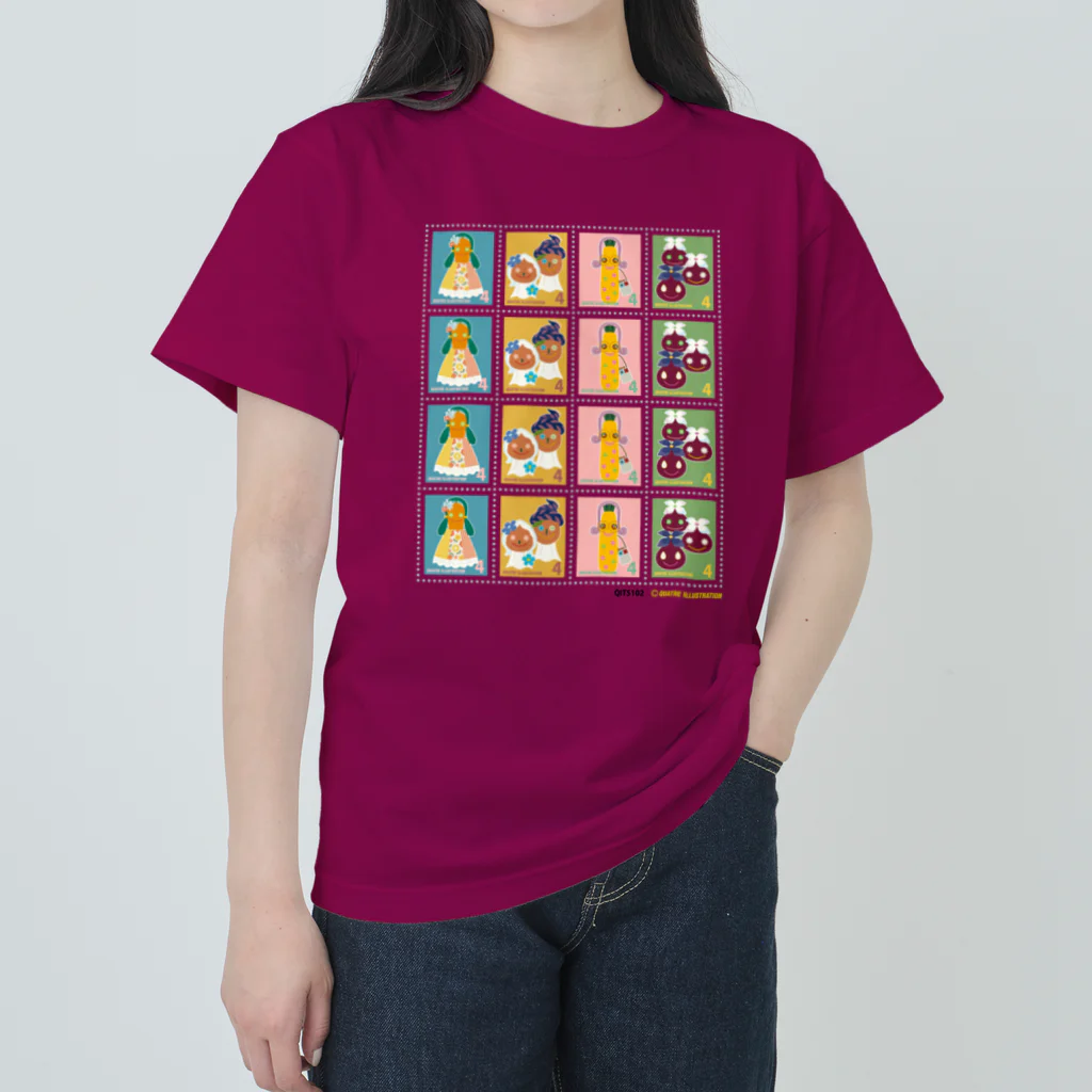 Quatre Illustrationのキャトル切手_お野菜ファッションショーA 4×4 ヘビーウェイトTシャツ