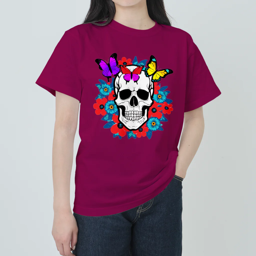 浪漫千代（ロマチョんの店）のA skull in a flower garden ヘビーウェイトTシャツ