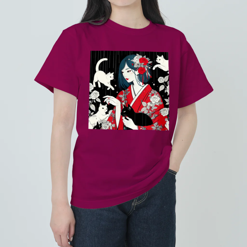 cocoa8877のネコ三昧（黒い空間・浮世絵風） Heavyweight T-Shirt