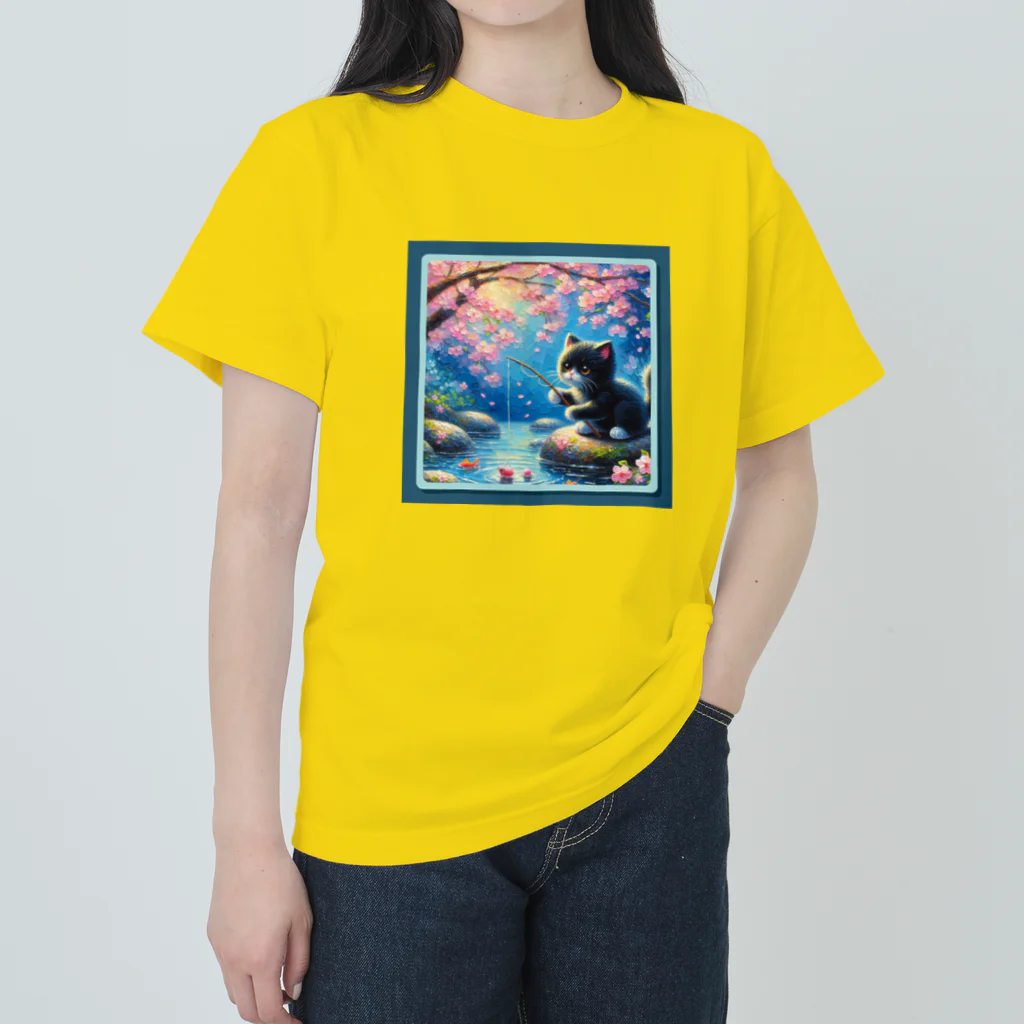 ひよこ豆★堂の黒猫の花見しながらお魚釣り ヘビーウェイトTシャツ