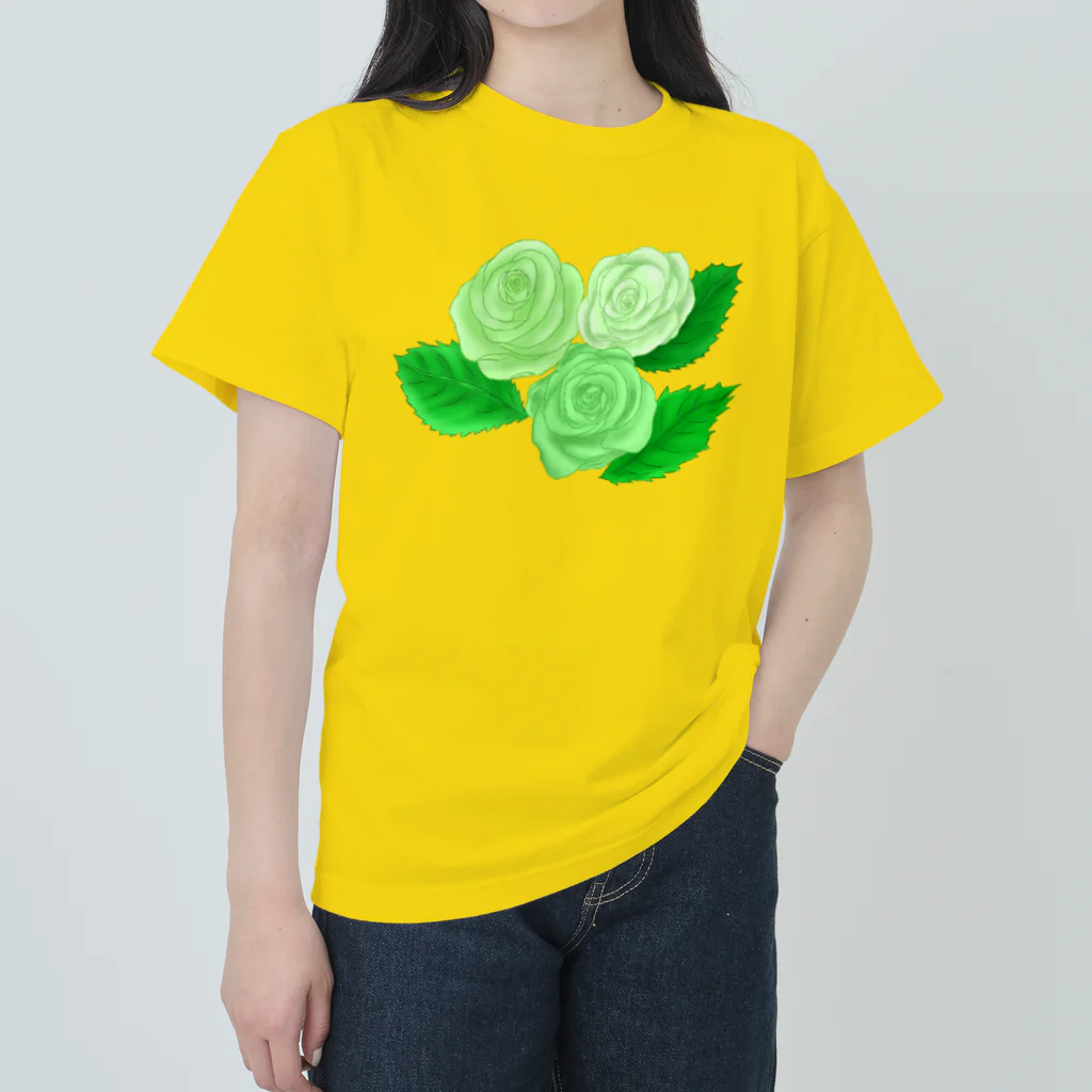 Lily bird（リリーバード）の緑のバラ3輪 輪郭緑色 ヘビーウェイトTシャツ