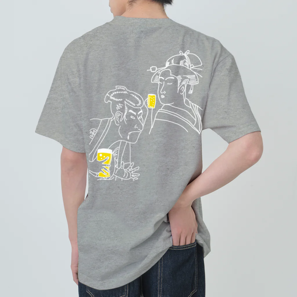 ビールとアート TM-3 Designの【両面プリント・左胸ロゴ入】名画 × BEER（浮世絵男女）白線画 Heavyweight T-Shirt