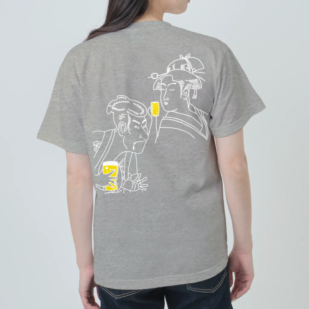 ビールとアート TM-3 Designの【両面プリント・左胸ロゴ入】名画 × BEER（浮世絵男女）白線画 Heavyweight T-Shirt
