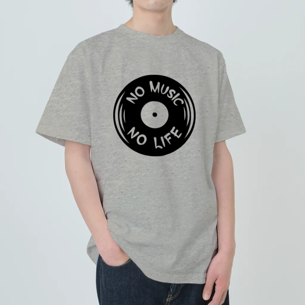 QUQU_WORKSのノーミュージックノーライフ レコード盤デザイン ブラック ヘビーウェイトTシャツ