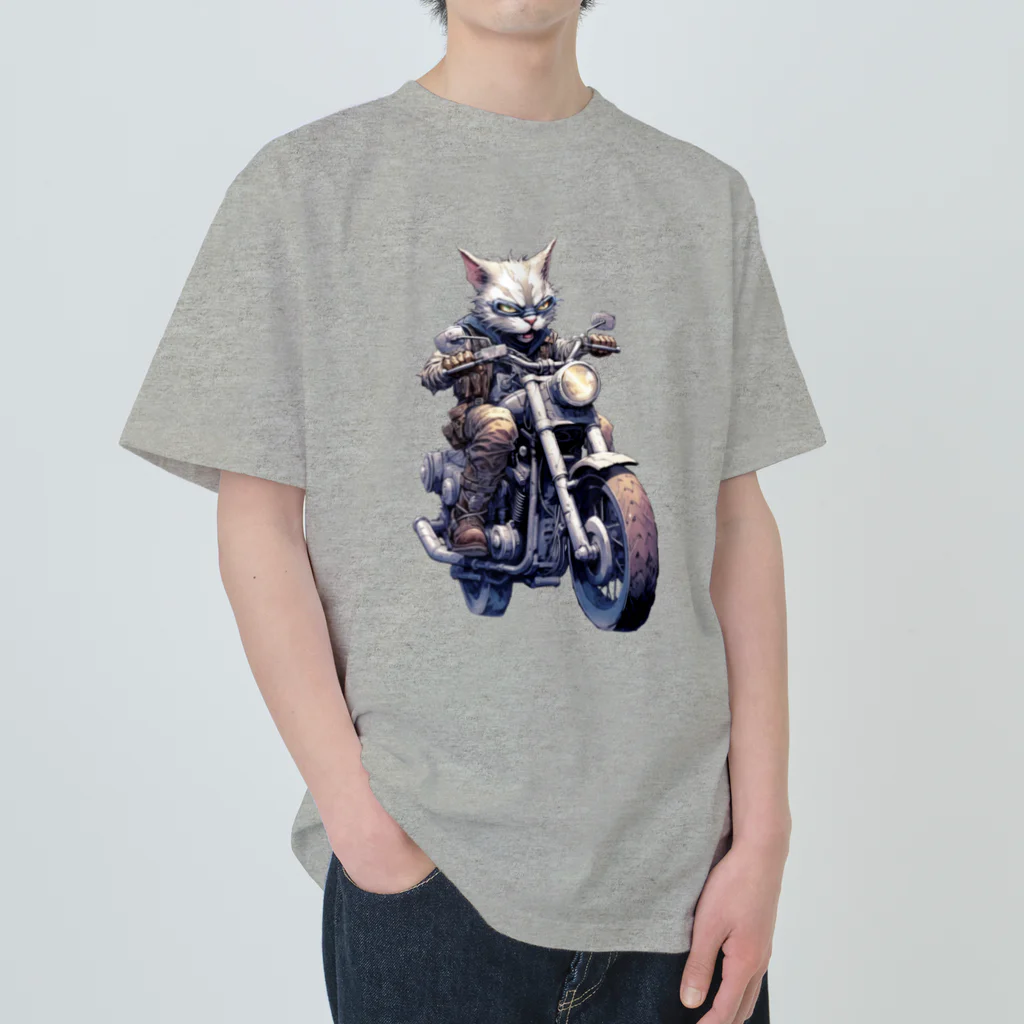 たゆたゆのバイクに乗る猫 ヘビーウェイトTシャツ