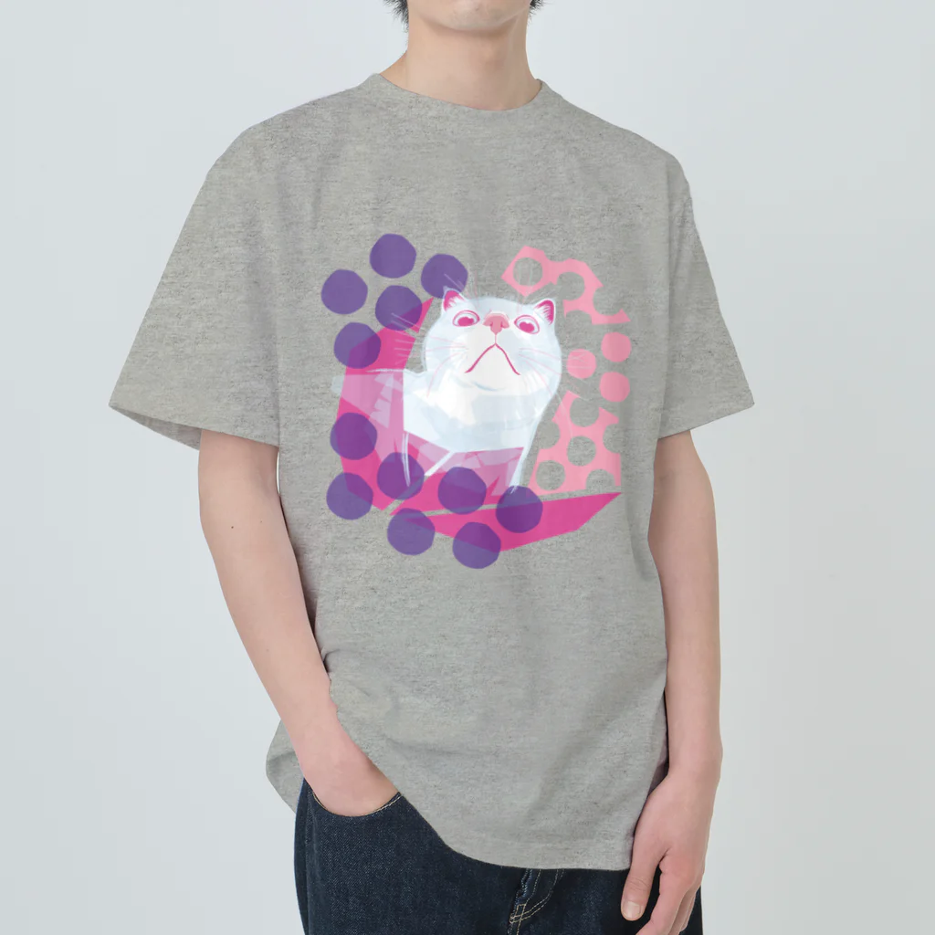 ねこじゃらしの水玉と猫 -polka dots and cat-（桃紫） ヘビーウェイトTシャツ