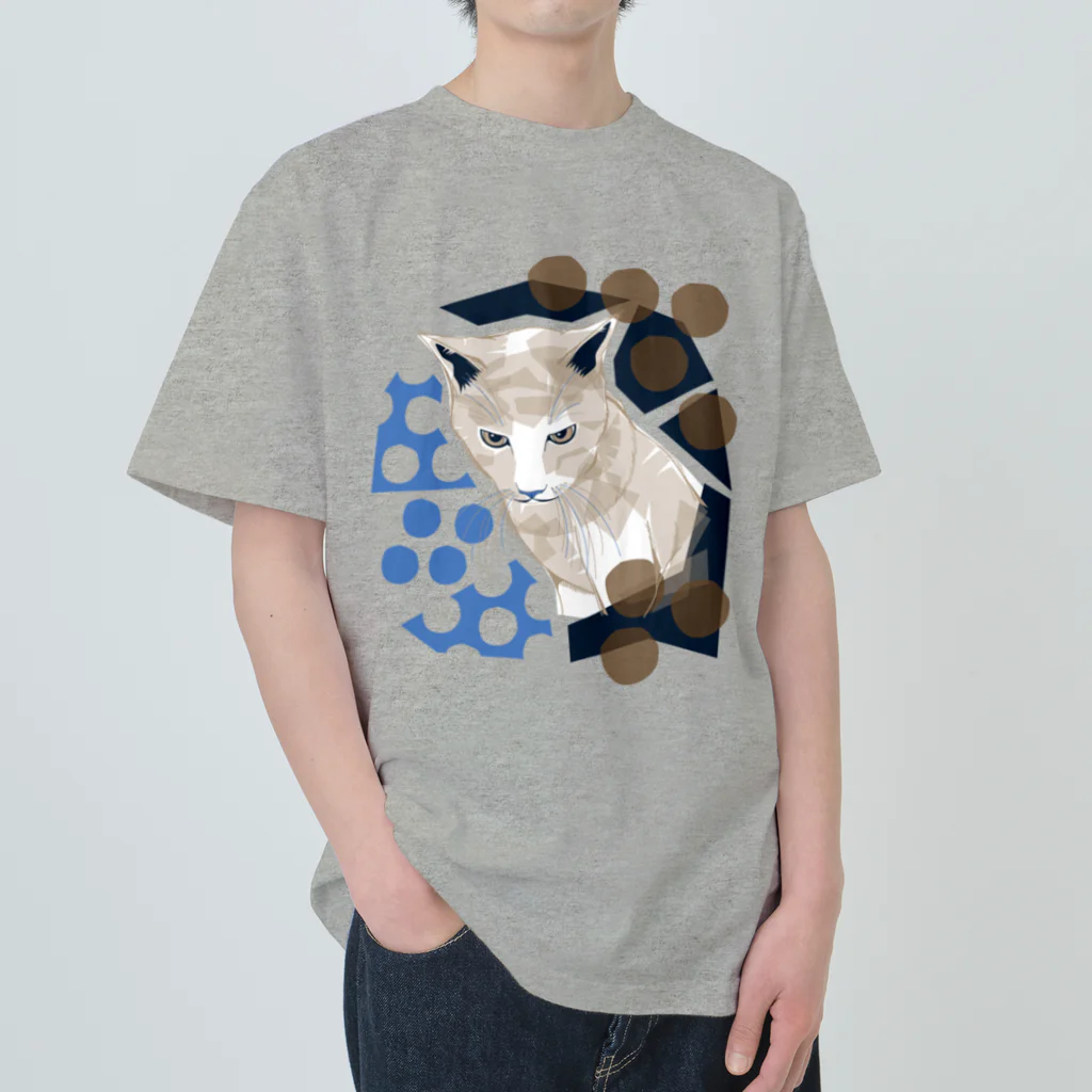 ねこじゃらしの水玉と猫 -polka dots and cat-（青茶） ヘビーウェイトTシャツ