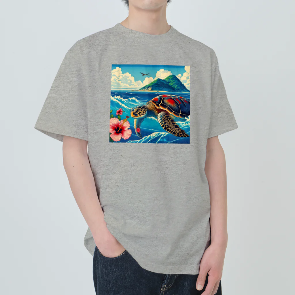 日本の風景 COOL JAPANの日本の風景:荒波にもまれる海がめ、Japanese scenery: Sea turtle caught in rough waves Heavyweight T-Shirt