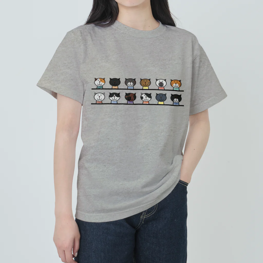 Yellow_Sparrowのせいぞろいするねこ ヘビーウェイトTシャツ