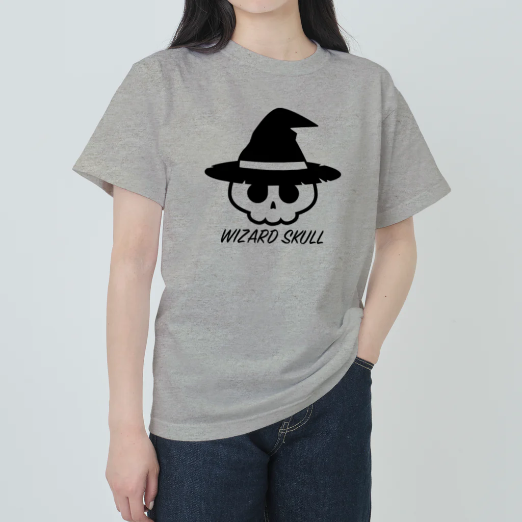 QUQU_WORKSのウィザードスカル 魔法使い ブラック ヘビーウェイトTシャツ