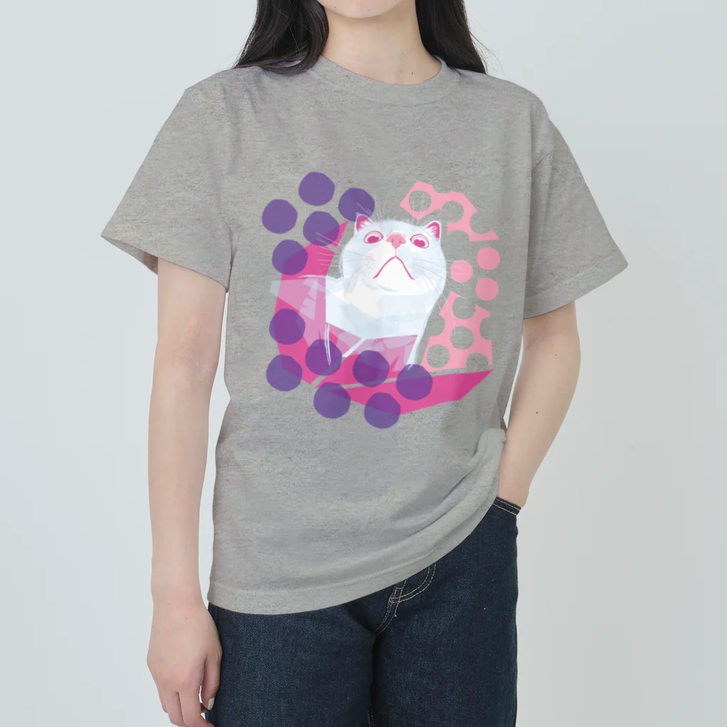 ねこじゃらしの水玉と猫 -polka dots and cat-（桃紫） ヘビーウェイトTシャツ