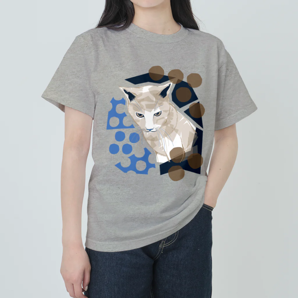 ねこじゃらしの水玉と猫 -polka dots and cat-（青茶） ヘビーウェイトTシャツ