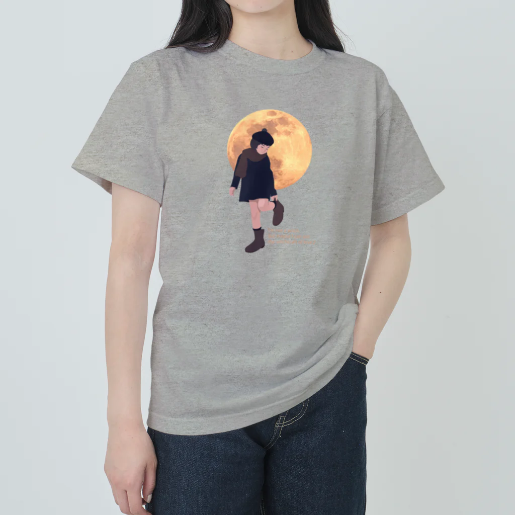 キッズモード某の月と黒ワンピの女の子 ヘビーウェイトTシャツ