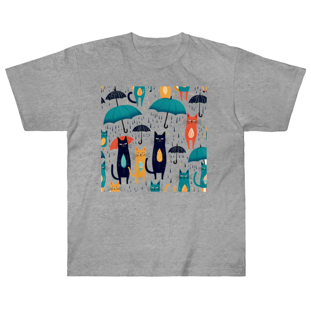 浪漫千代（ロマチョんの店）のRain, umbrella and cat ヘビーウェイトTシャツ