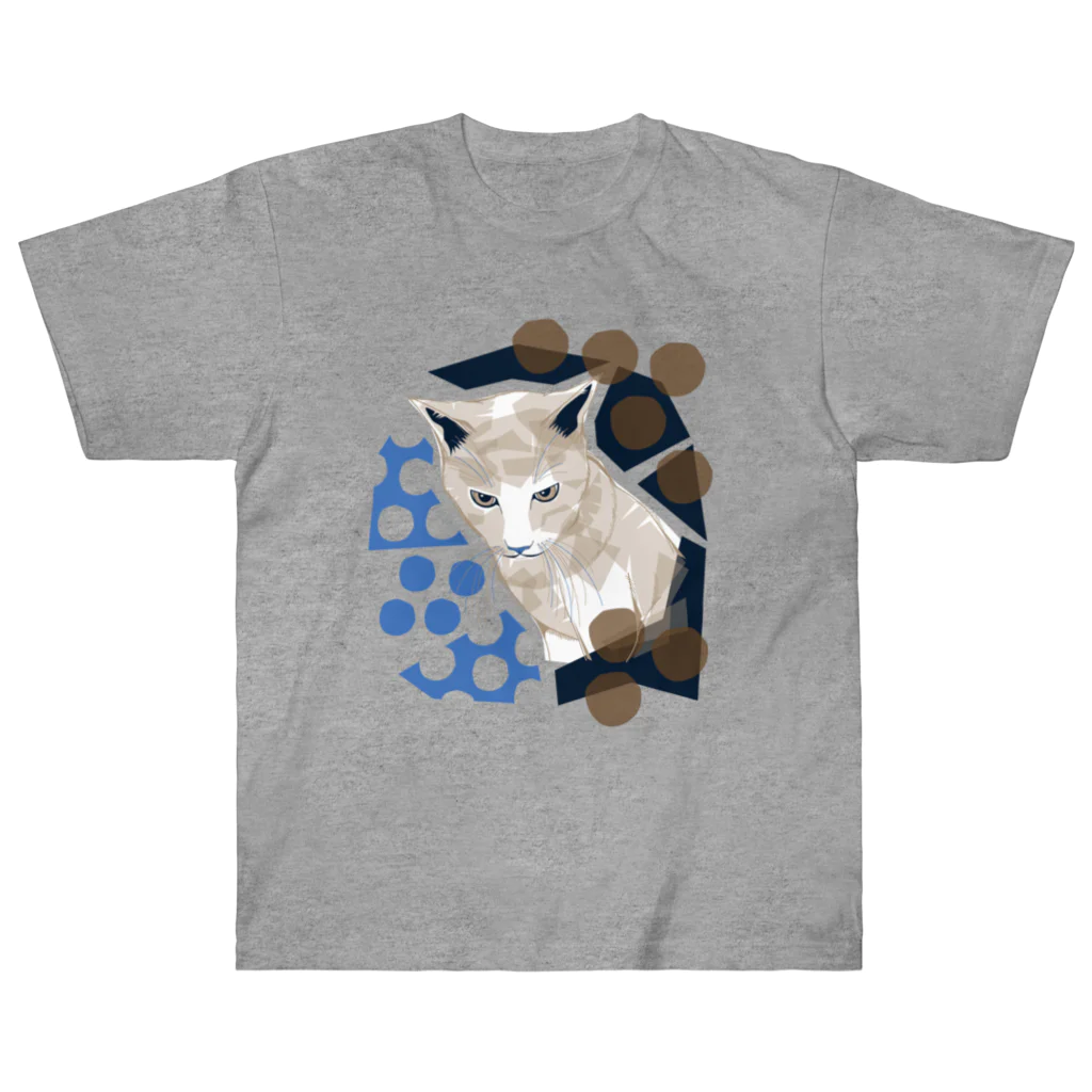 ねこじゃらしの水玉と猫 -polka dots and cat-（青茶） ヘビーウェイトTシャツ