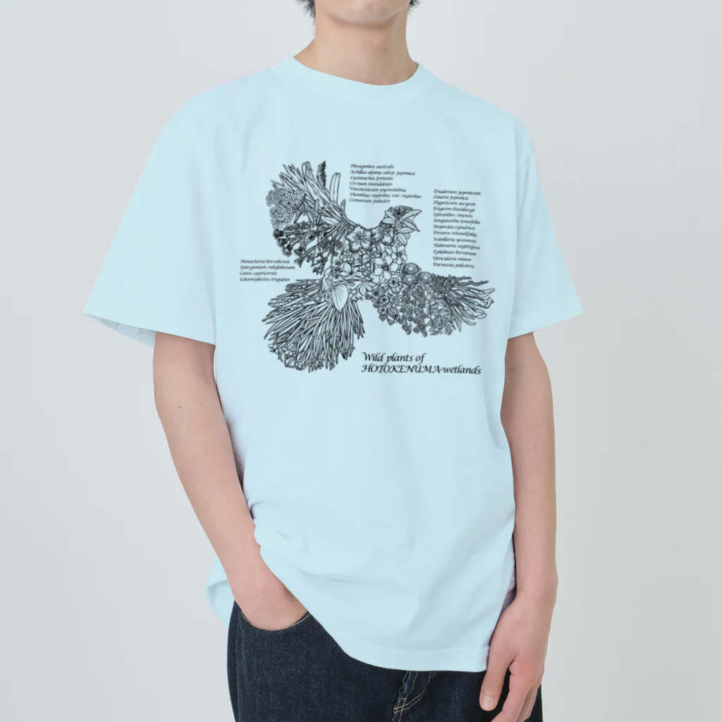 雁花工房（寄付アイテム販売中です）のWild plants of HOTOKENUMA-wetlands（黒） ヘビーウェイトTシャツ