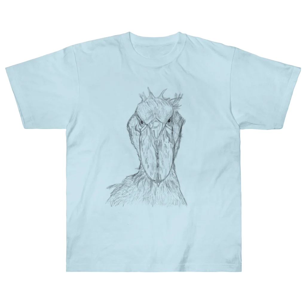 森図鑑の[森図鑑] ハシビロコウの顔 鉛筆画 ヘビーウェイトTシャツ