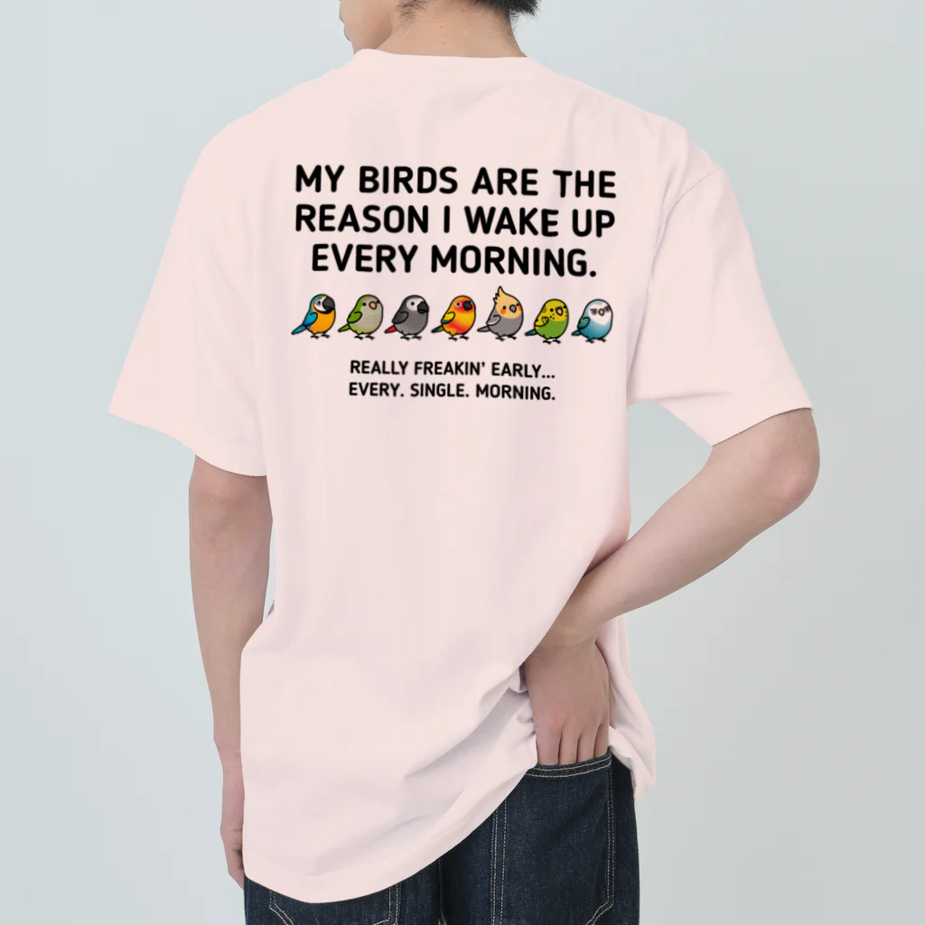 Cody the Lovebirdの（両面）仲良しインコ（表面）+ モーニングバード (背面）Chubby Bird ヘビーウェイトTシャツ